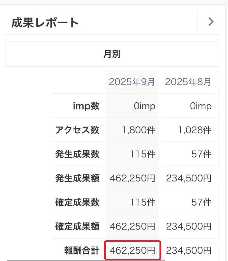 月別レポート 2025年8月234,500円 9月462,250円