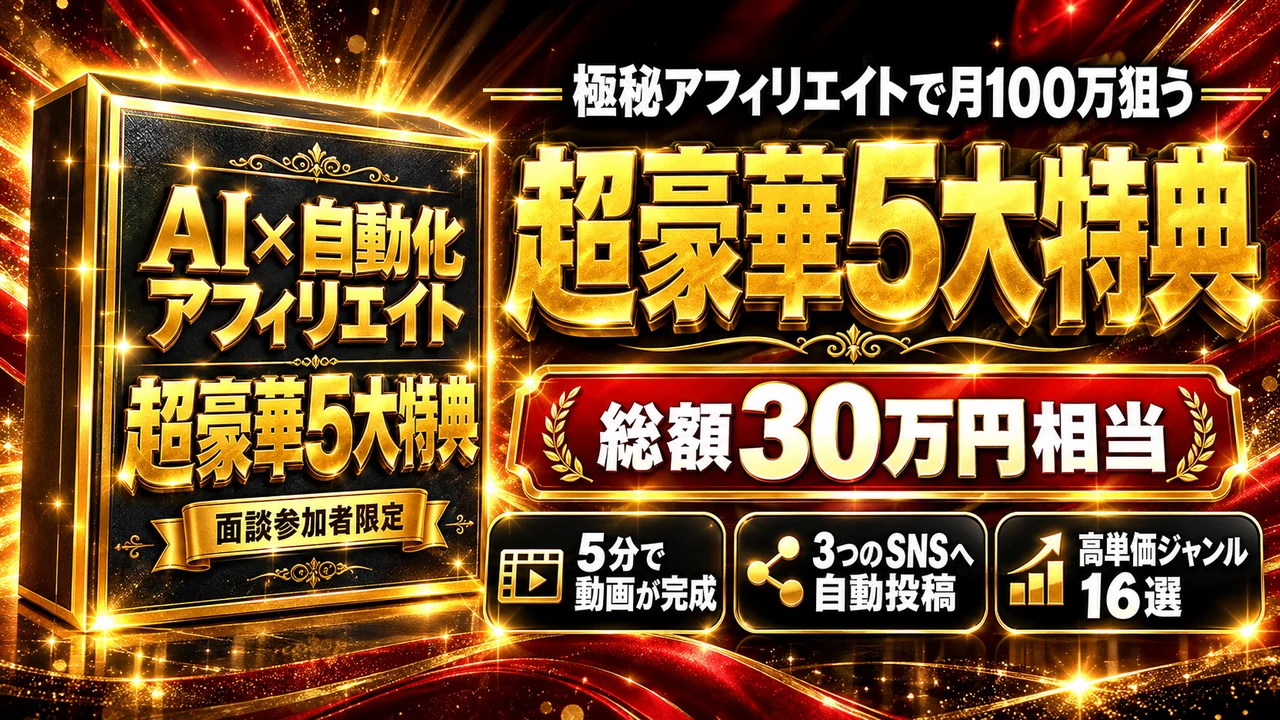 面談参加者限定 AI×自動化アフィリエイト 極秘アフィリエイトで月100万狙う 超豪華5大特典 総額30万円相当 5分で動画が完成 3つのSNSへ自動投稿 高単価ジャンル16選